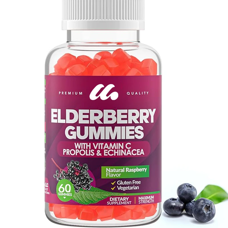 

Elderberry gummies contain vitamin C, echinacea, propolis - adult and child immunity - gluten free, vegetarian