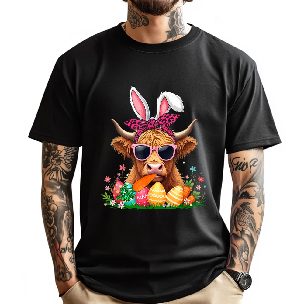 

Bunny Highland Cow Bow Tie Eating Carrot Easter Eggs Owner Vintage T Shirt Men Camiseta Masculina National Flag Day