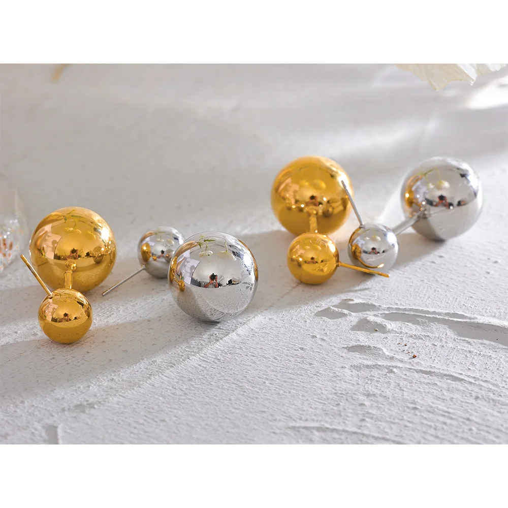 Yhpup Stainless Steel Big Round Ball Stud Earrings Gold Color Texture Rust Proof Personalized Fashion Jewelry Charms Women