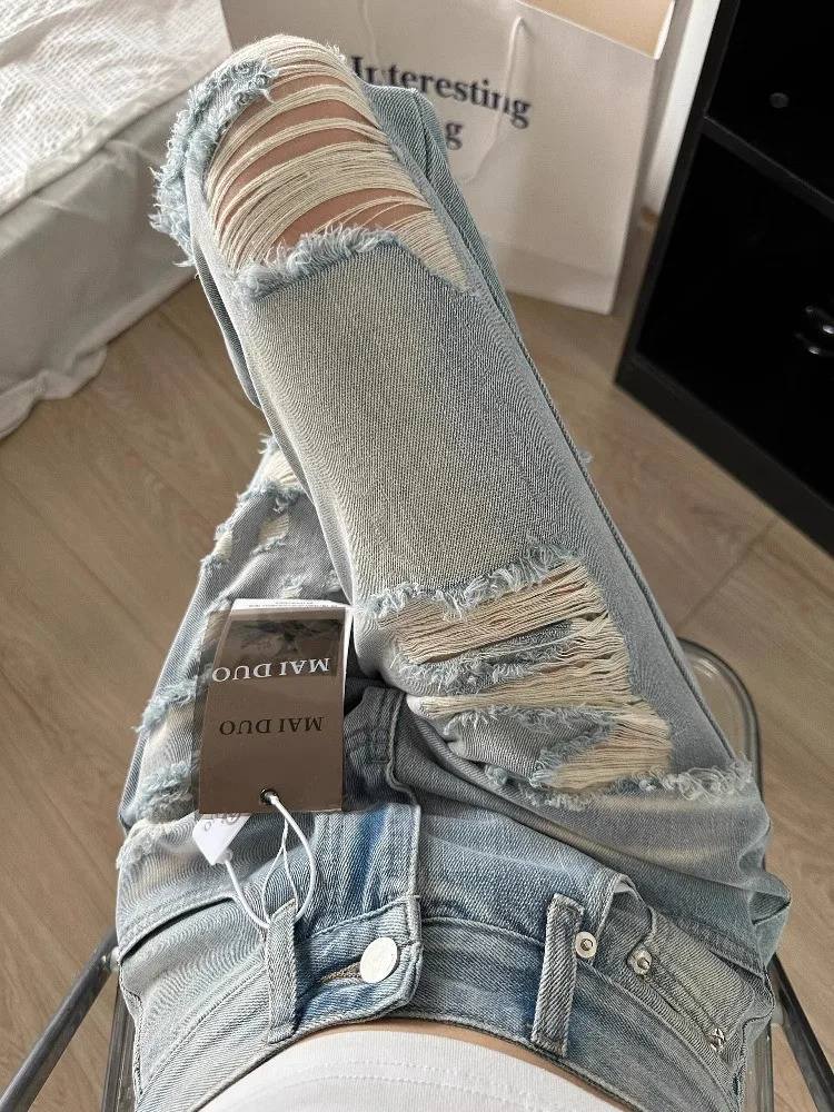 

Джинсы женские удлиненные светло-голубые с прорезями, с высокой талией, прямого кроя, тонкие, летние, модные, широкие брюки