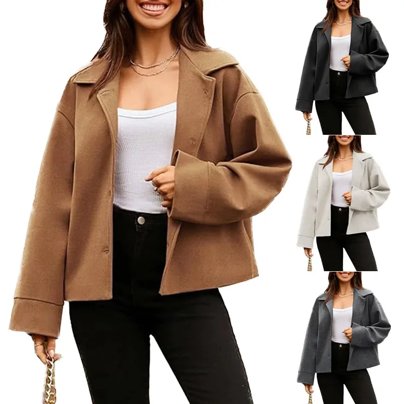

Office Cropped Women's Casual Long Sleeve Button Top 2025 Euro-American All-Season Fashion Simple Solid Color Versatile Jacket