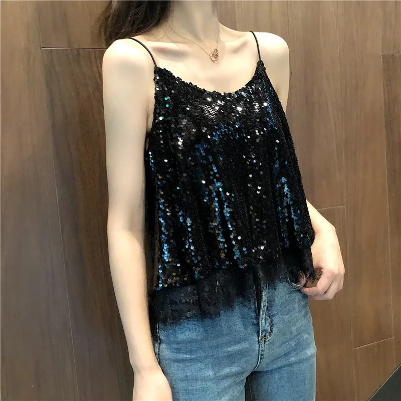Sexy Glittering Knitted Tank Tops Women Camisole Vest Gold Thread Top Vest Sequined Stretchable Slim Tops