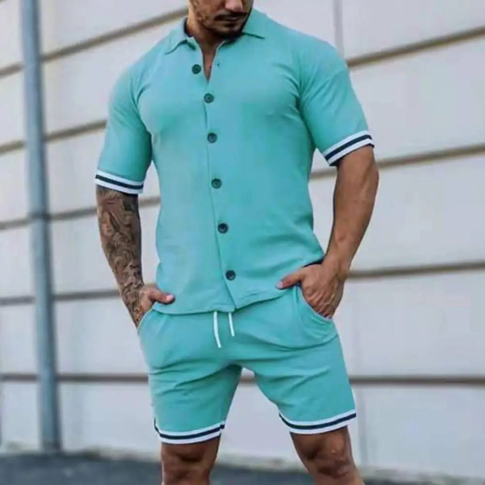 Streifen druck Männer T-Shirt Hosen Set Männer Trainings anzug Turn-Down Kragen T-Shirt Kordel zug Hose Slim Fit zweiteiligen Set Sporta nzug