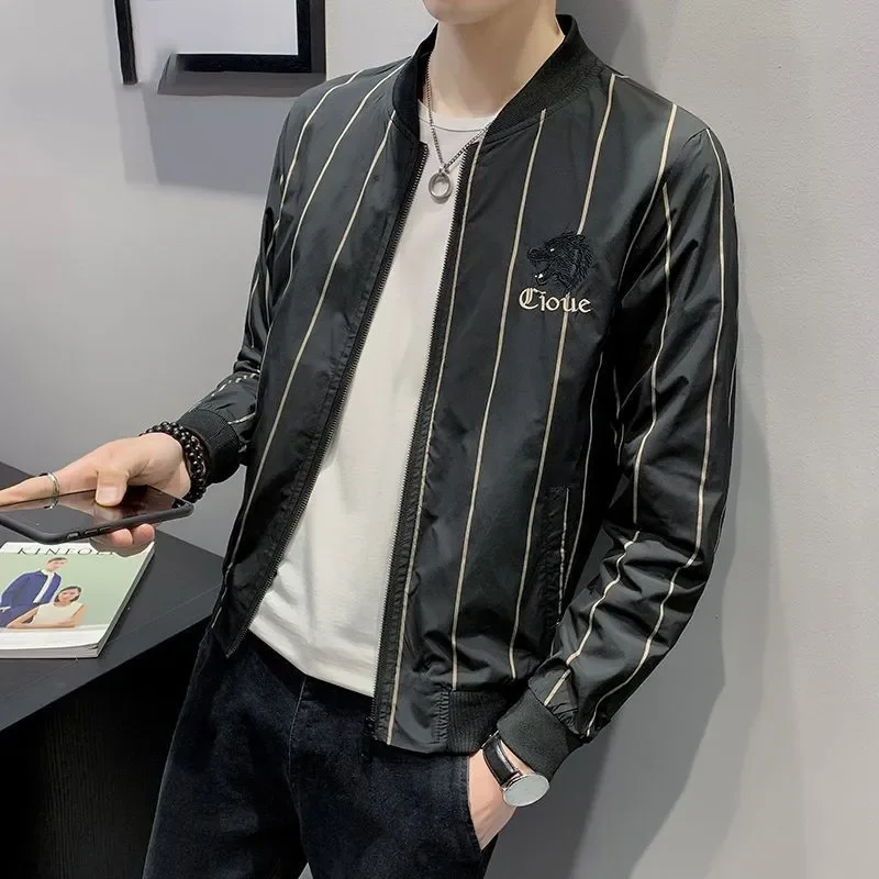 Men's Jacket Autumn New Standing Collar Korean Slim Stripe Stripes All-match Thin Jacket Men's