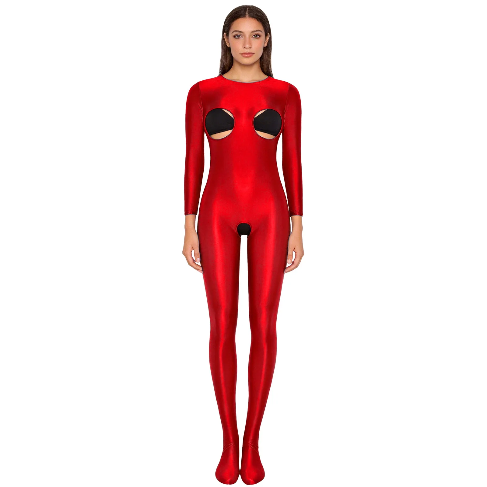 

Women Glossy Stretchy Unitard Jumpsuit Long Sleeve Cutout Cup Open Crotch Footed Tights Bodysuit Night Clubwear Bodystocking