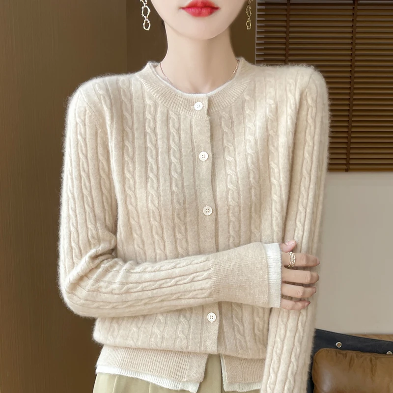 เสื้อคาร์ดิแกนผู้หญิงสำหรับฤดูใบไม้ร่วงและฤดูหนาว ทำจากขนแกะเมอริโน 100% เสื้อสเวตเตอร์เรียบหรู สไตล์ลำลอง เซ็กซี่ ดีไซน์สีตัดกัน เสื้อถักแฟชั่น