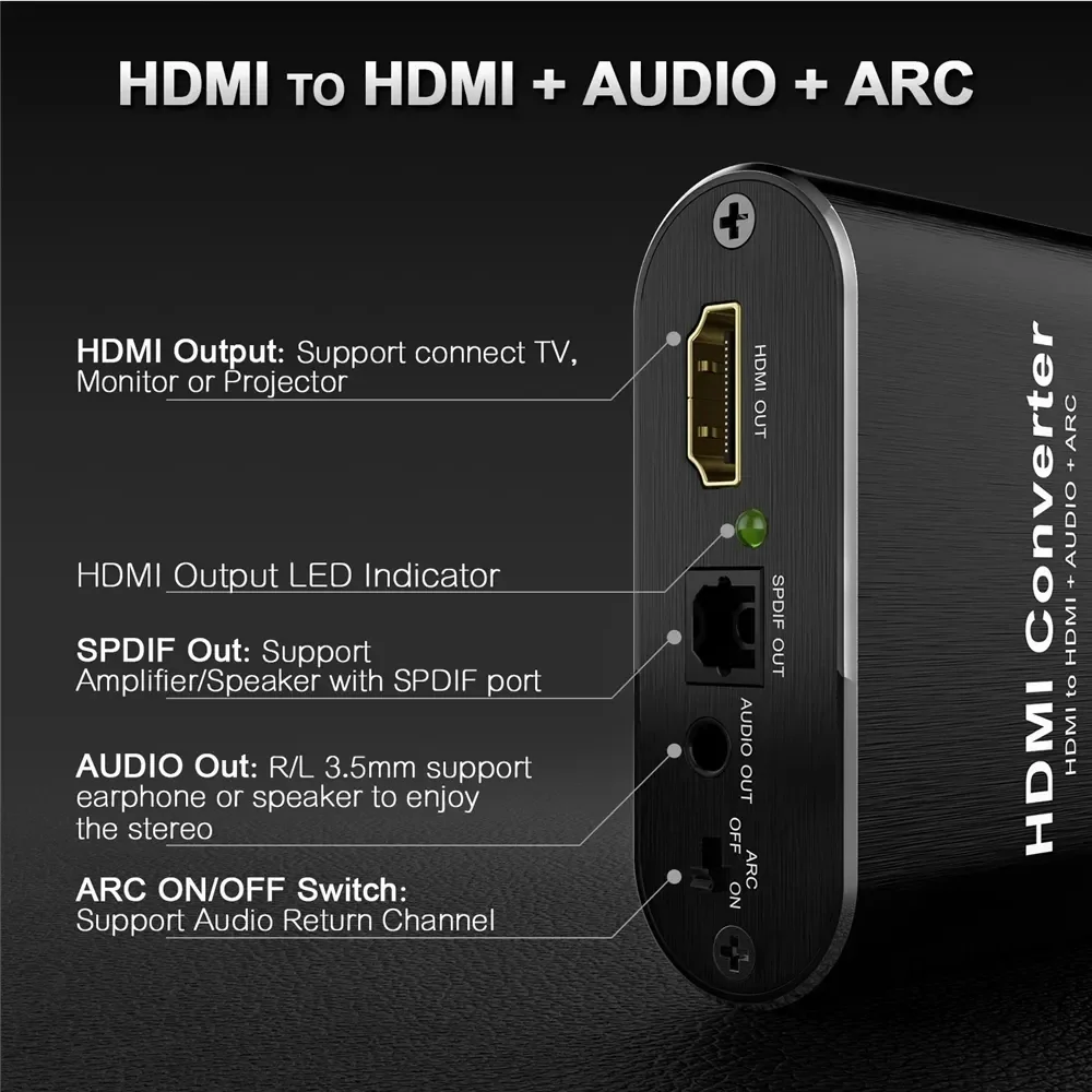 4K 60Hz HDMI ARC Audio Extractor 5.1 CH HDMI to Optical Toslink SPDIF + 3.5mm AUX Jack Stereo Audio Converter for PS4/5 HDTV DVD