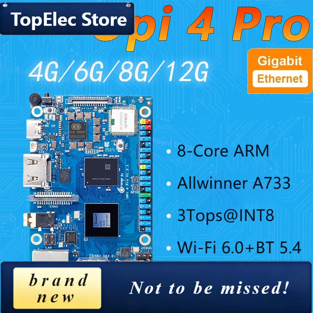 TopElec Orange Pi 4 Pro 2GB/6GB/8GB/12GB LPDDR5 Dev Board Allwinner A733 Chip 3Tops NPU Wi-Fi6.0+BT5.4 M.2 M-Key Slot Board Comp