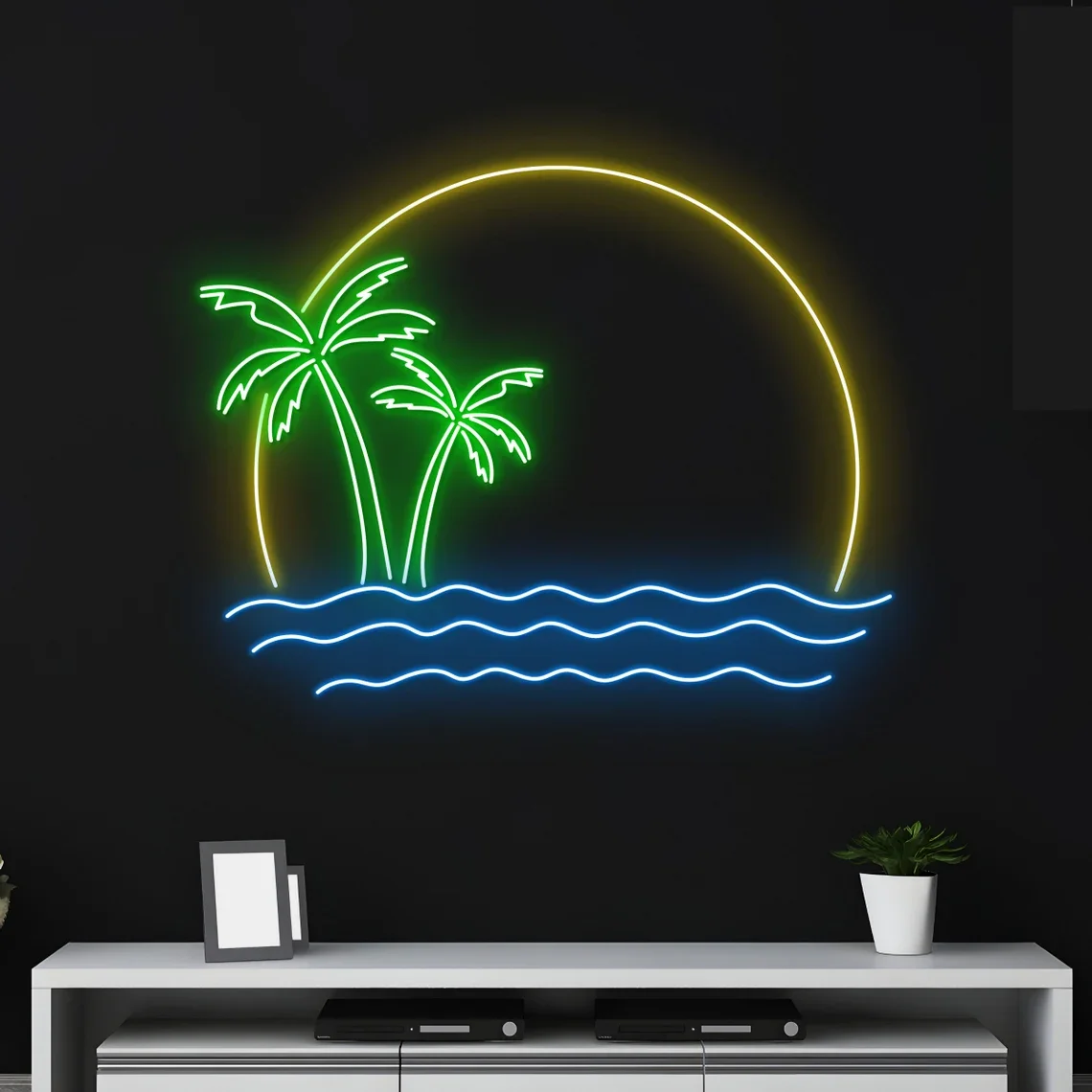 Custom Sun Ocean Waves Palm Tree Neon Sign Beach Vacation Led Lights Teens Personalized Gift Wedding Wall Art Hanging Bar Beer