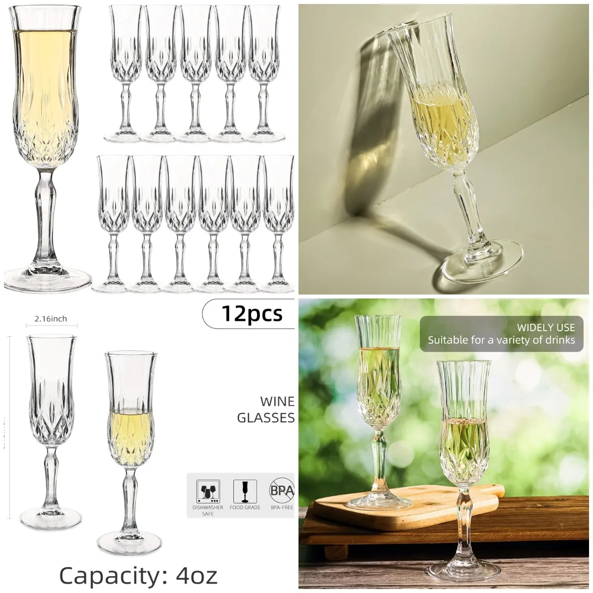 

Champagne Flutes Set of 12, 4 oz Crystal Clear Vintage Stemware with Cut Design, Dishwasher Safe, Elegant for Weddings, Parties,