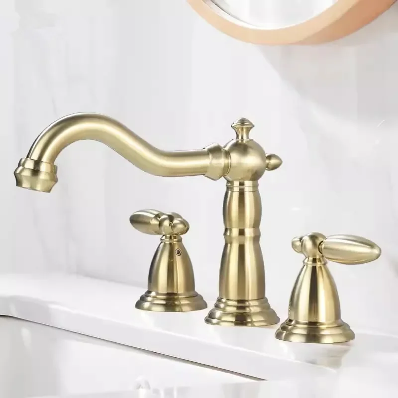 

Brushed Gold Bathroom Faucet Antique Basin Brass Grey Sink 3 Hole Widespead Hot & Cold Wash Water Tap