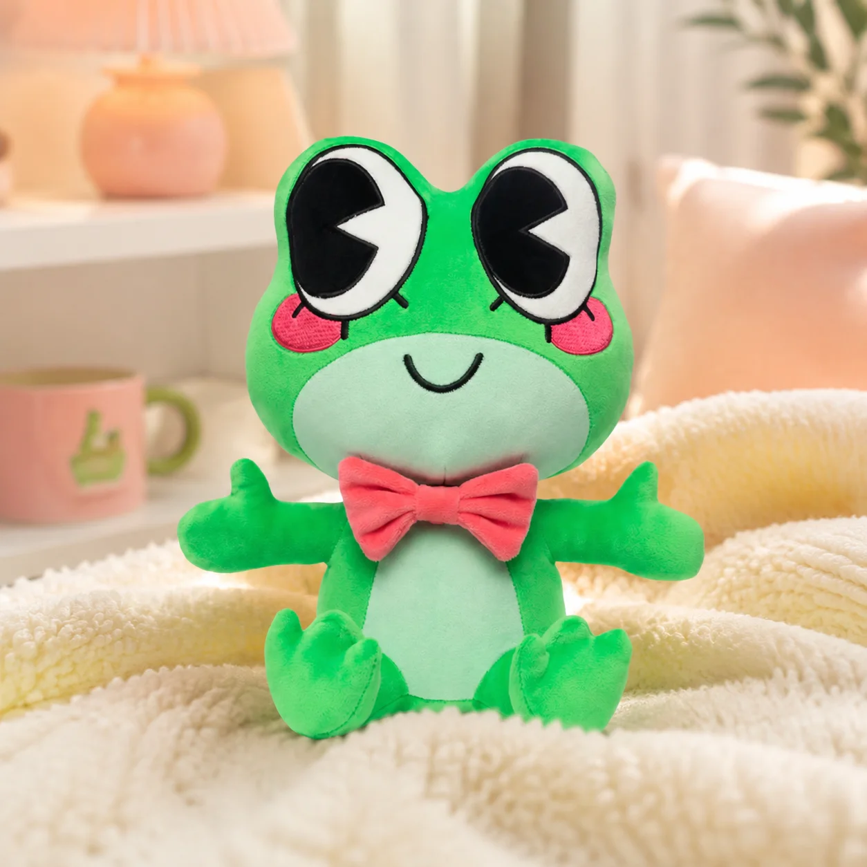 Sitting Ribbit Frog Plush Doll Toy Soft Stuffed Animal Kawaii Green Red Bow Tie Birthday Gift For Kids Girls Boys Room Decor