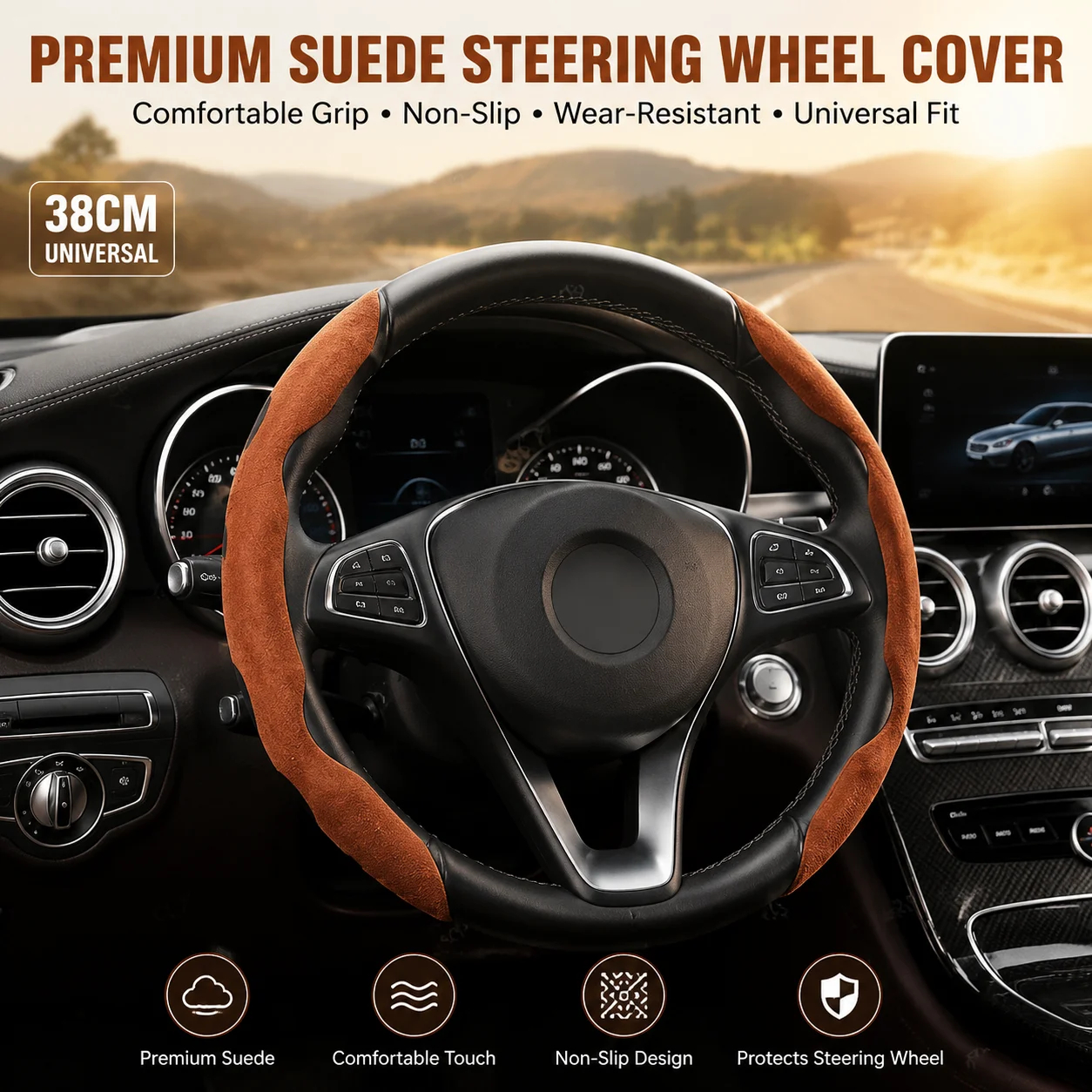 

Suede Universal 38CM Car Steering Wheel Booster Cover Non-Slip Auto Interior Steer Protector Decoration Accessories-Brown