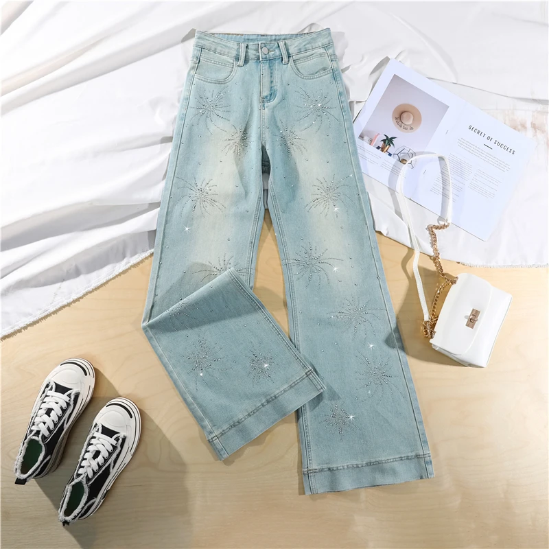 

New Women's Shiny Firework Rhinestone Micro Flare Jeans Soft Comfortable Non-Sticky Pants Slimming Versatile Denim Trousers