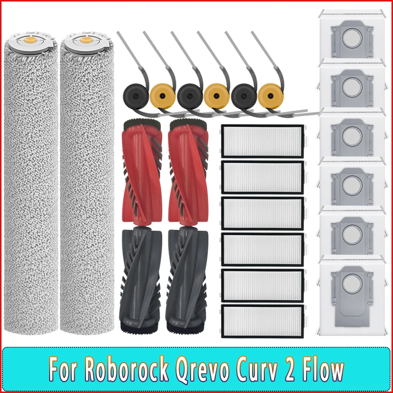 Hauptbürste, Seitenbürsten, HEPA-Filter, Wischtuch, Staubbeutel, kompatibel mit (Roborock Qrevo Curv 2 Flow) Staubsauger-Ersatzteilen und Zubehör