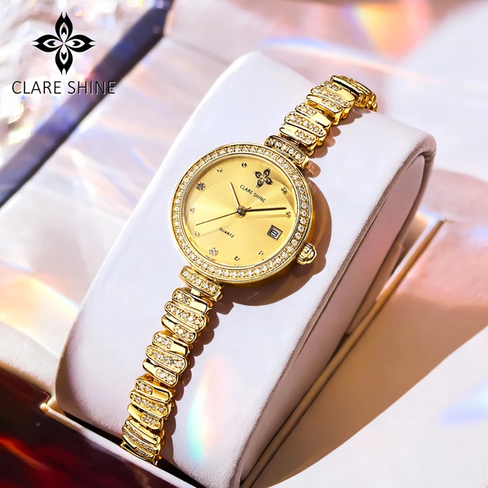 CLARE SHINE 7715 Imported Quartz Movement Wave Watch For Women Brand Minimalist Dial Steel Bracelet Calendar Window Watch