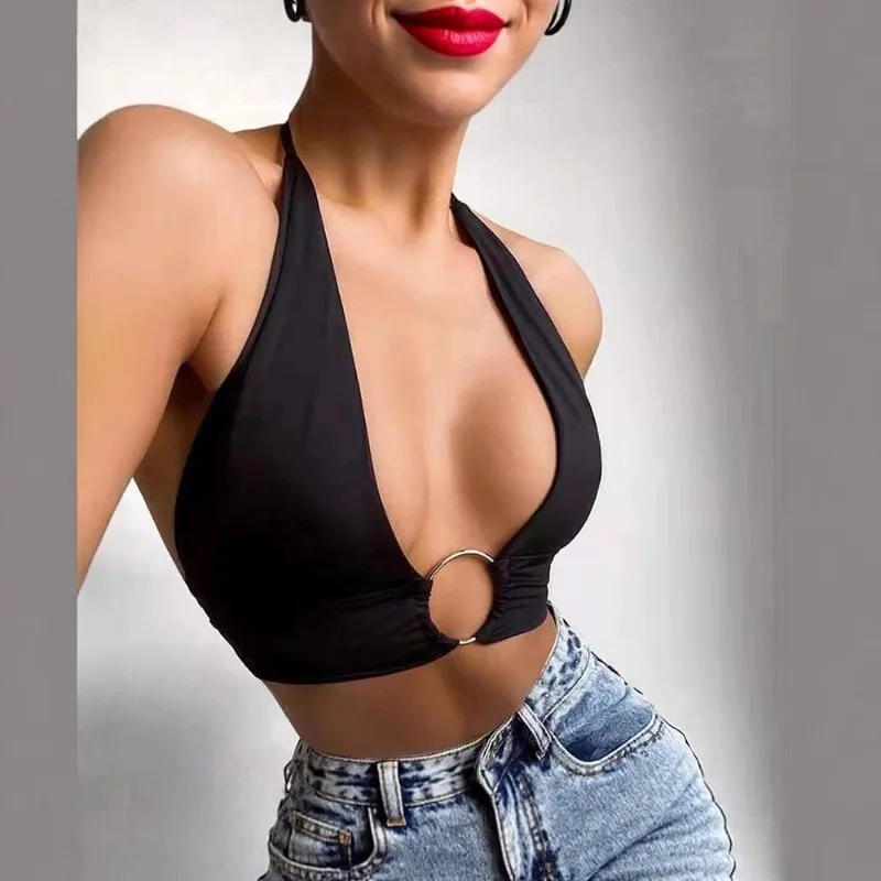 2026 New Fashion Deep V Halter Neck Crop Tank Top Women Front Metal Ring Detail Slim Sexy Vest Pub Concert Street Casual Outfit