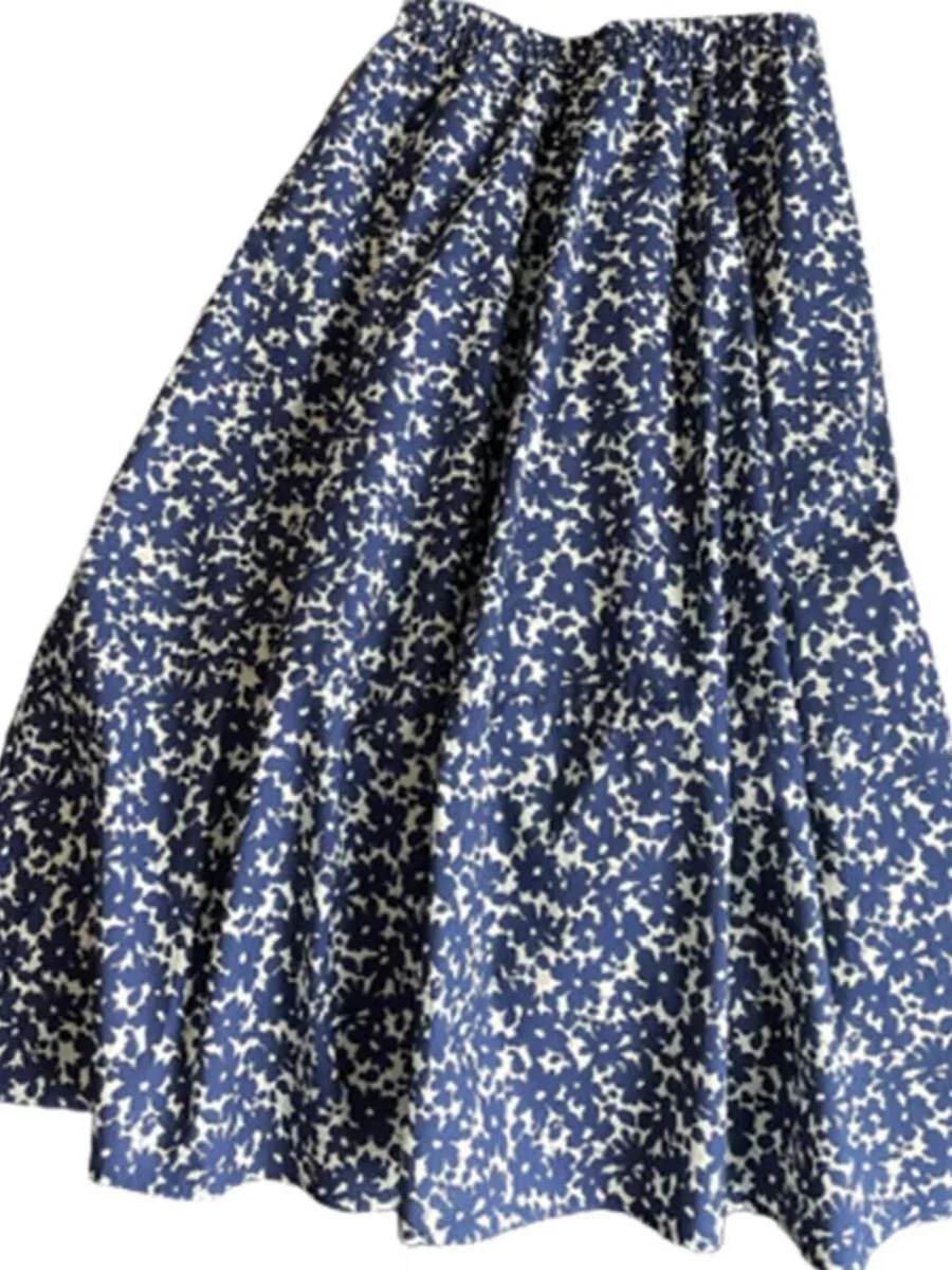 

Blue Floral A-Line Skirt Women's Spring Autumn Thin New Wide Hip Suitable for Pear Body ape High Waist ort Skirt