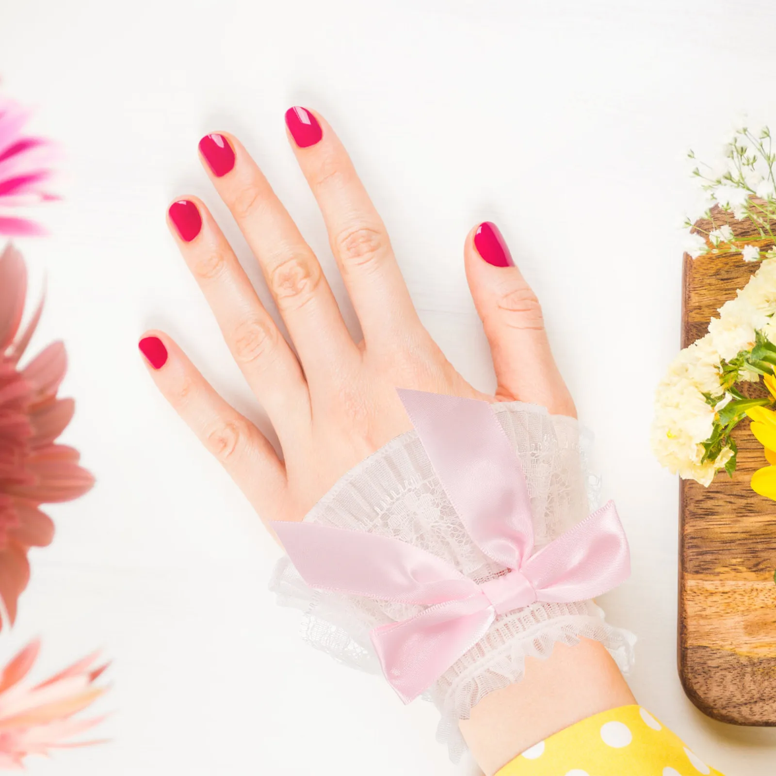 3ペアの取り外し可能なレースアームスリーブ-女性用-フリル付きボウカフス-ネイルテック写真小道具-ソーシャルメディア用ネイル写真背景