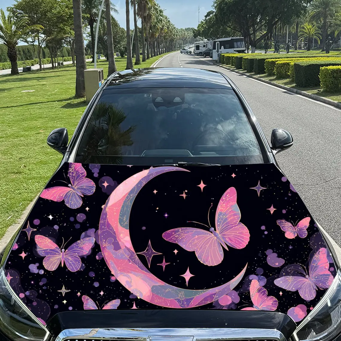 Fantasy-pink Moon-and-butterfly Print Car Hood stickers , PVC Material Multifunctional Car Hood Stickers, Scratch-Resistant & Fa