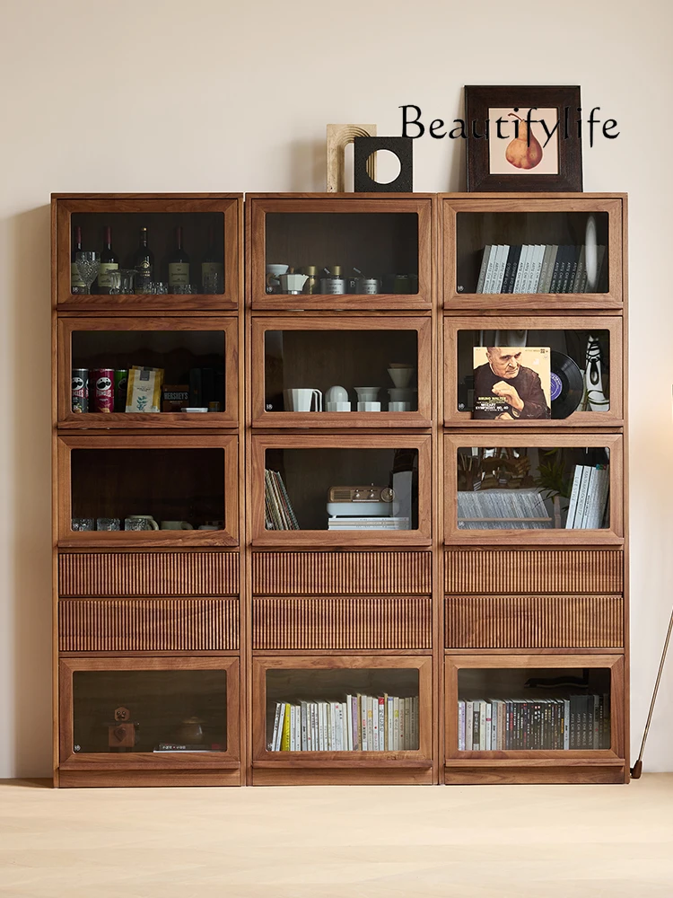 

American Country Retro Solid Wood Side Cabinet North America Black Walnut Simple Living Room Storage Bookcase