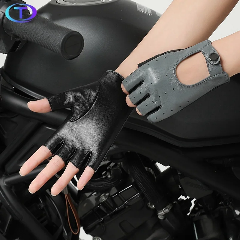 

Popular Leather Ladies Half Finger Glove Spring Autumn Driving Cycling Fashion Short Perforated Breathable Real Leather Glove