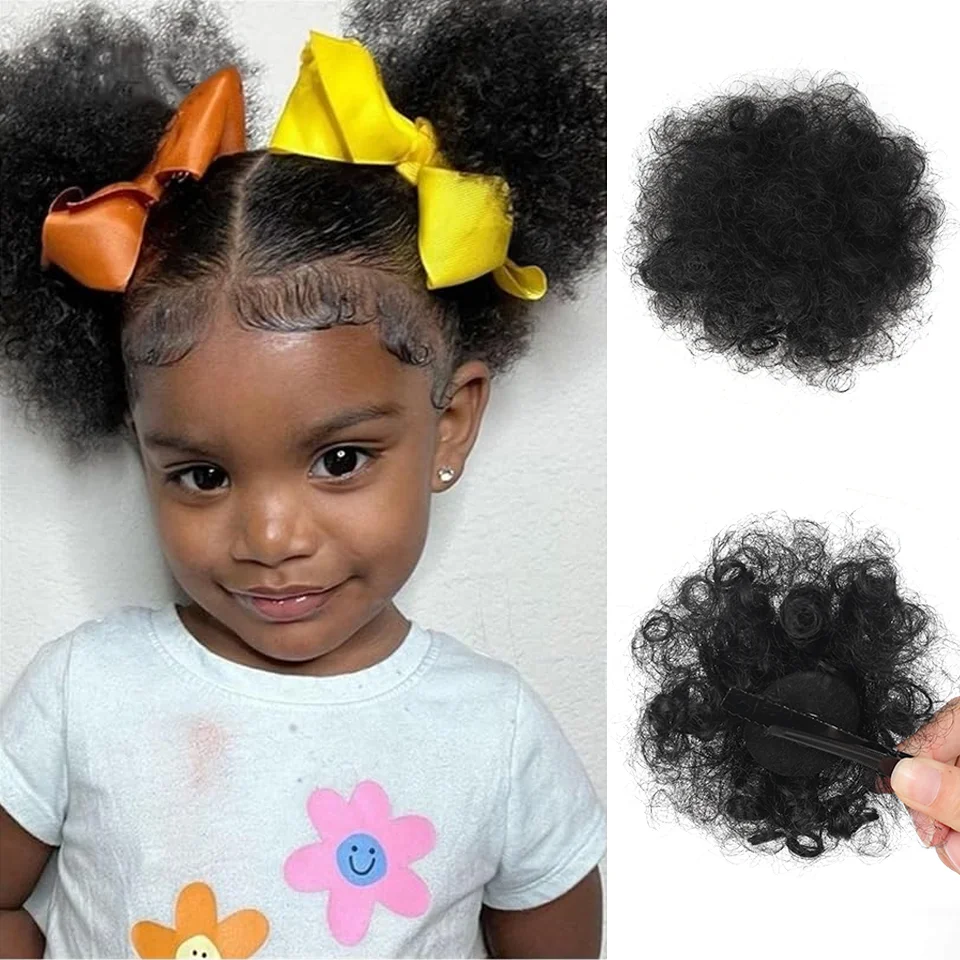 2 Pcs Small Size Synthetic Afro Puff Hair Buns Kinky Curly Hair Updo Donut Chignon for Girls Kids Children Babies Black Women