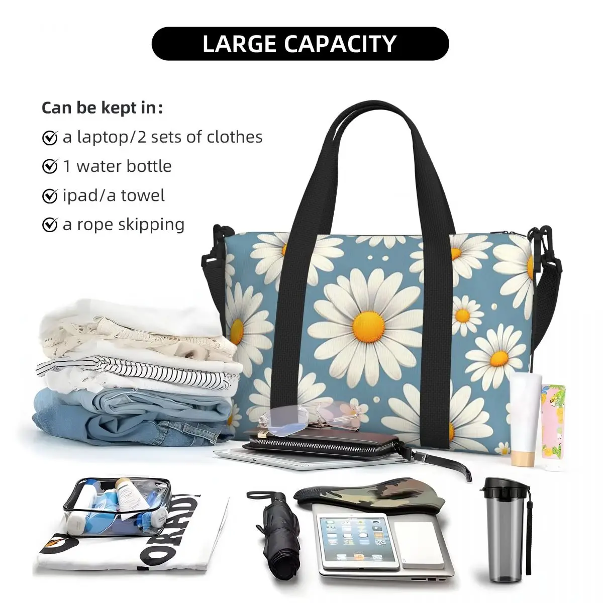 

Daisy Floral Beach Travel Bag Large Capacity Tote Bags for Gym Sport Women Shopping Duffle Shoulder Bag