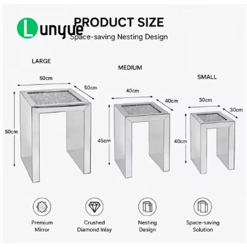 Luxury Mirror Nesting Table Set 3 Piece Crystal Crush Top End Side Tables Modern Living Room Home Furniture
