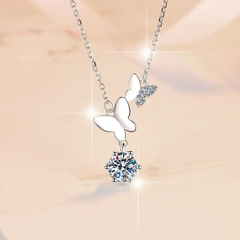 925 Jewelry Sterling Silver Necklace Women's Fashion Gift Butterfly Pendant 1 Carat Moissanite Concept Diamond Pen Manufacturer Wholesale