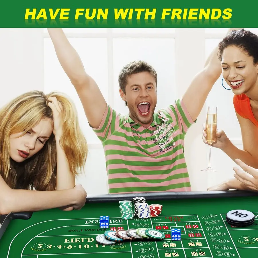 مجموعة ألعاب Craps Tabletop، تتضمن حصيرة تخطيط سطح الطاولة من المطاط مقاس 35 × 70، نرد من درجة الكازينو AAA مقاس 19 مم، وأزرار تشغيل 3 بوصة