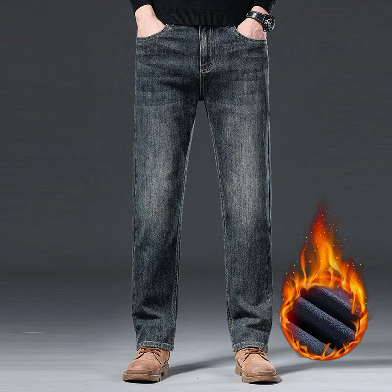 Зимнее флисовое издание, эластичные мужские джинсы, элитные деловые потертые джинсовые брюки для взрослых, универсальные брюки для официальных банкетных мероприятий