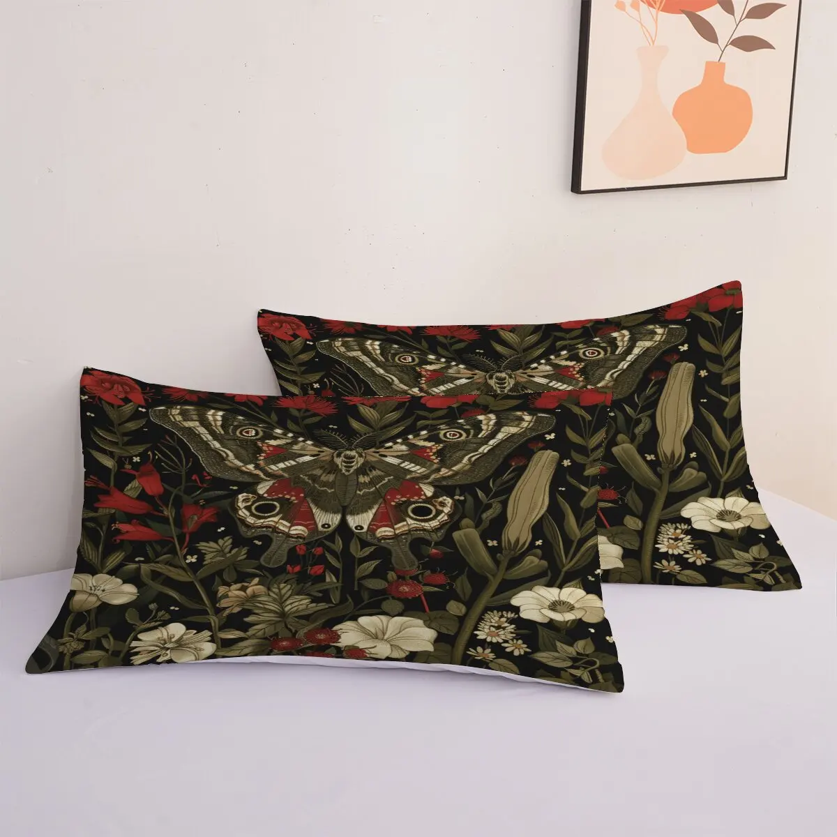 Big black moths  Duvet size  Red flowers  1 duvet cover and 2 pillowcases