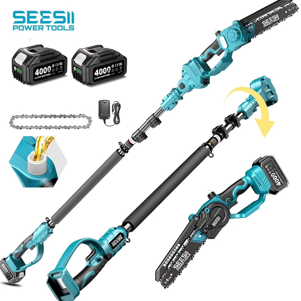 SEESII 2 in 1 8'' Brushless Electric Chainsaw with 3M Telescopic Pole Cordless High Branch Saw Tree Trimming Limb Cutter Pruner for Makita 18V Battery Pin