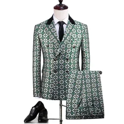 Conjunto de chaqueta y pantalón para hombre, traje con patrón de cuadros verdes, doble botonadura, ajustado, para boda, banquete, fiesta, graduación, escenario