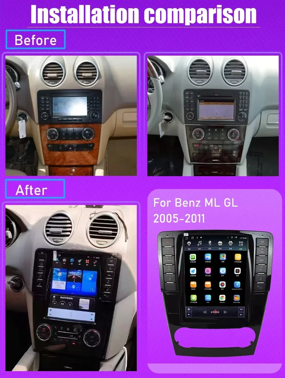 Android 14 For Mercedes Benz ML W164 W300 ML350 ML450 ML500 GL X164 G320 GL350 GL450 GL500 2005-2011 Radio Carplay Media Player
