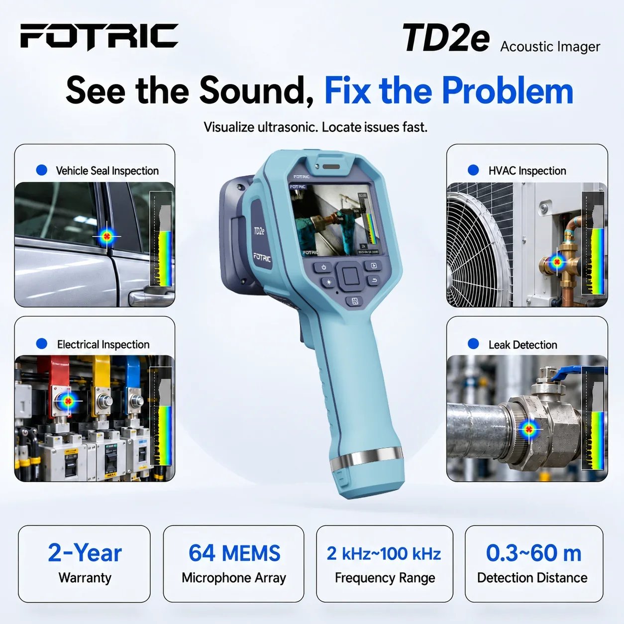 FOTRIC Acoustic Imager TD2e Ultrasonic Camera 64 MEMS Microphone Sound Capture Auto Leak Detector HVAC Home Inspection Tool