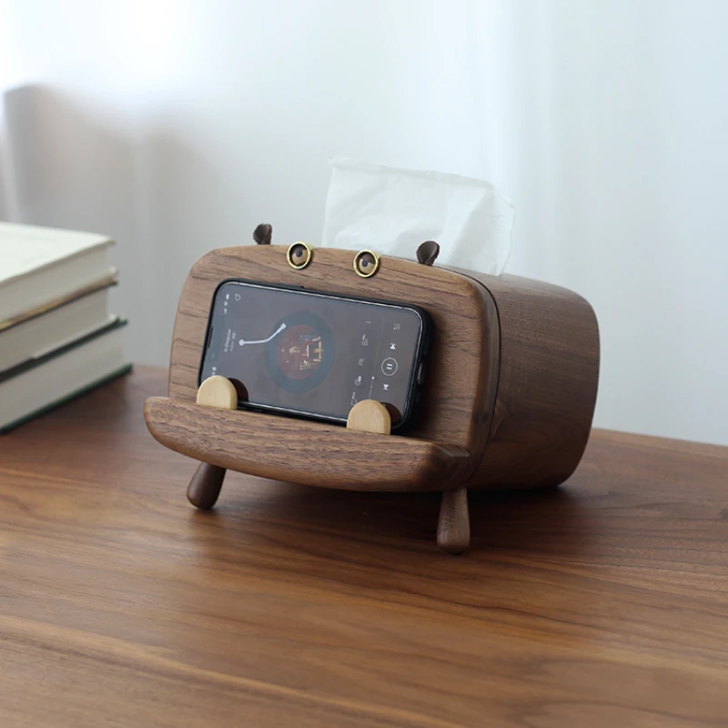 Creative desktop solid wood tissue box, multi-functional paper drawer, cute home ornaments, mobile phone holder