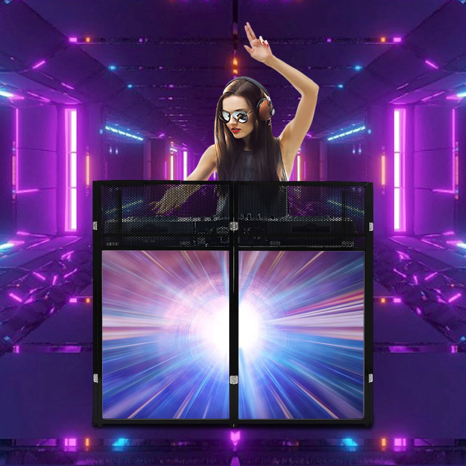 DJ Event Facade Black Scrim Metal Frame Booth Portable Dj Booth Table Convenient Cable Hole for Rock Concerts, Event Podiums