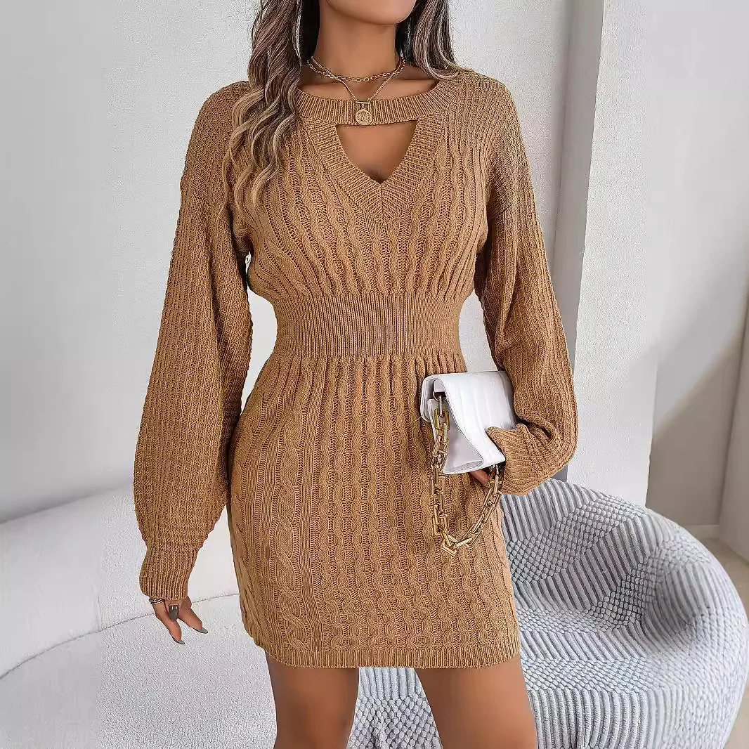 Casual Loose Twists Knit Sweater Dresses Autumn Winter Women Dresses 2024 Hollow Out V-neck Full Lantern Sleeve Hip Mini Dress