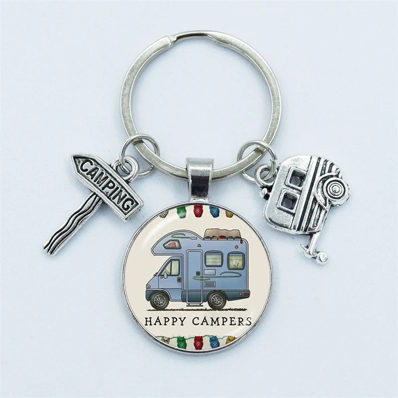 Cute Camper Wagon Keychain, I Love Camping Keychain, Trailer Signpost Keychain, Vacation Travel Memorial Jewelry Gifts