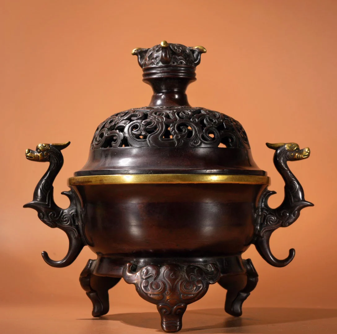 Old Purple Bronze High relief Gilded Flower pattern Hollow cover Dragon Ear Three Legged Incense Burner Ornaments