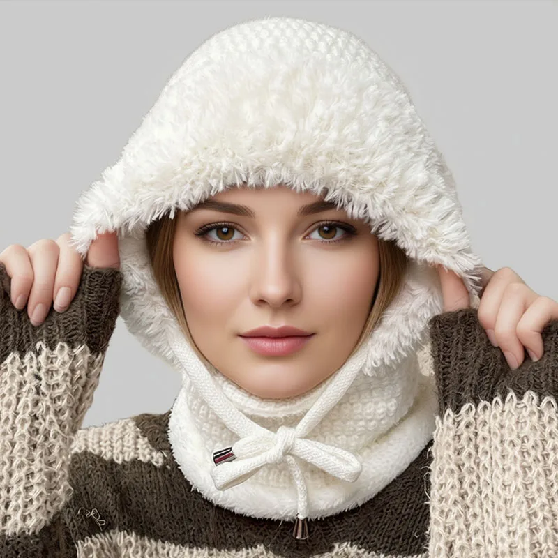 قناع ركوب الدراجات الشتوي للسيدات طقم وشاح قبعة متكامل مبطن بالصوف قبعة صغيرة محبوكة مقاومة للرياح للرقبة لركوب الدراجات والتزلج #6