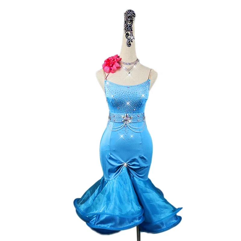 Vestido de baile latino con diamantes de imitación brillantes para mujer, vestidos con flecos Sexy, Ropa de baile de rendimiento de competición de Samba y Salsa, nuevo