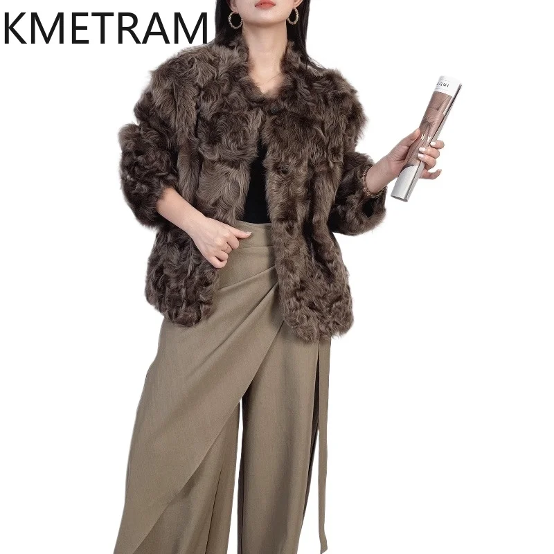 KMETRAM 100% Xiaohu Sheepskin with Wool Attached Coats Reversible Short Jacket Winter Fashion Fur Coat Woman Clothing 63cm 2026