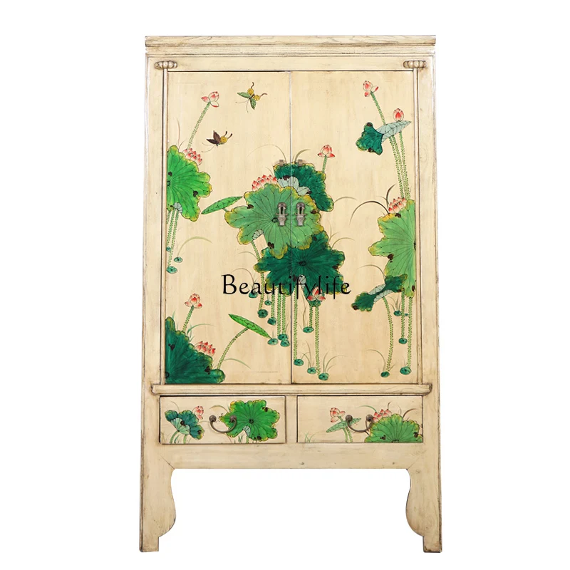 

New Chinese antique wardrobe solid wood hand-painted elm large-capacity wardrobe Ming and Qing retro old painted furniture