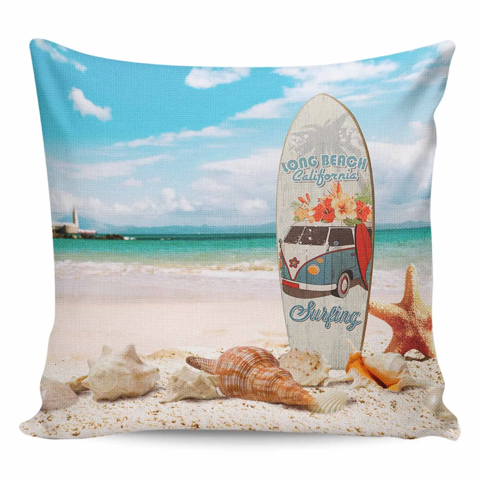 2/4PCS Waterproof Pillow Cover Surfboard Beach Starfish Shell Square Throw Pillowcase Home Decoration Sofa Cushion Cover