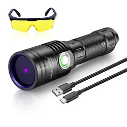 UniqueFire UV365NM Black Light LED Flashlight USB-C Rechargeable Ultraviolet with Filter-Detector for Pet Urine,Resin Curing