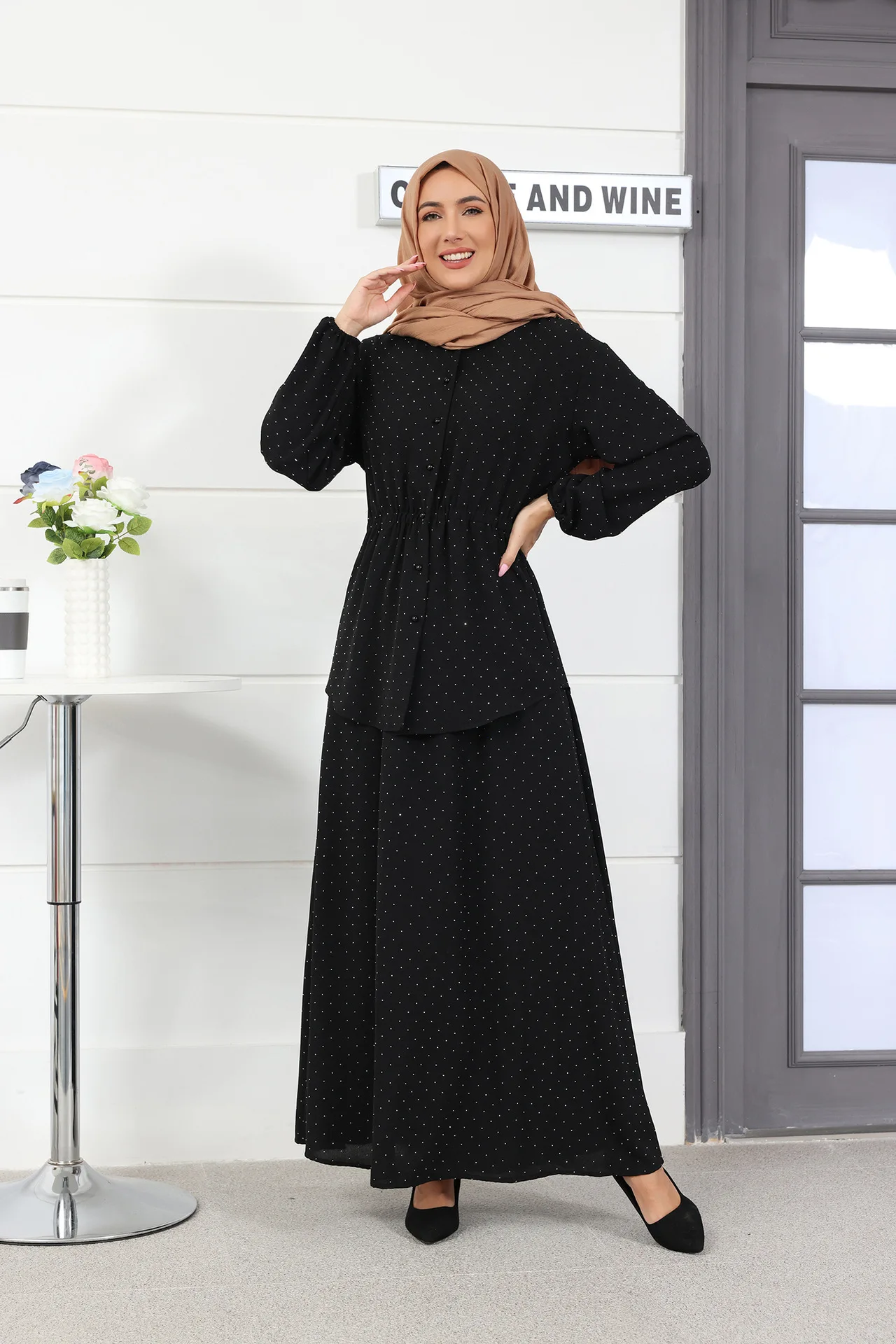 Ramadan Moslim Vrouwen Dubai Tweedelige Set Jurk Knopen Tops Rok Pak Abaya Arab Kaftan Islamian Eid Past Bij Kalkoen Casual Bescheiden