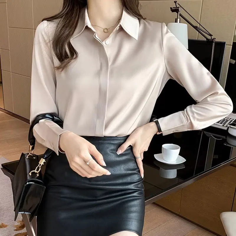 2024 Autumn New Satin Long Sleeves Turn Down Collar Korean Version Champagne Color Chiffon Shirt Blouse Women Tops Camisas C06